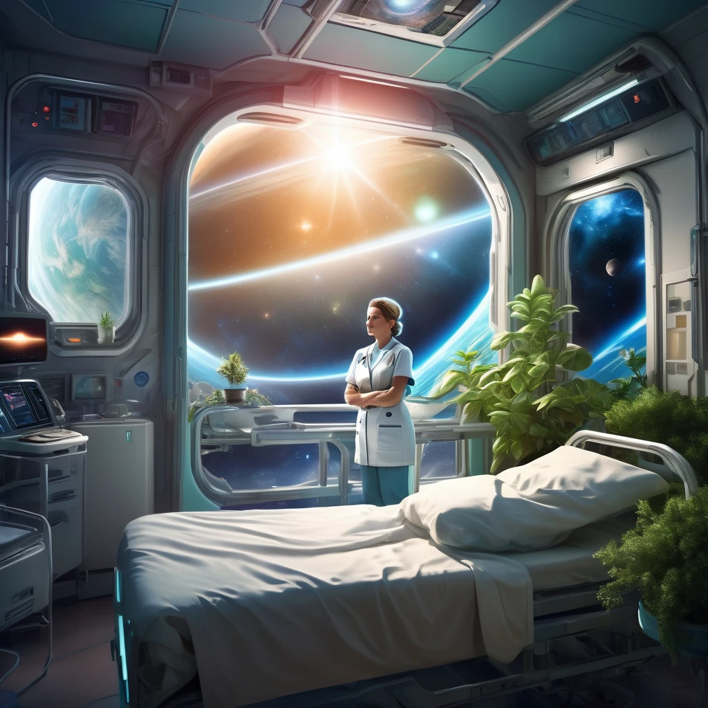 masterpiece, best quality, high resolution, realistic, detailed, Female nurse, science fiction hospital room in planetary orbit, artificial plants, nursing at bedside, stars in deep space seen from window,