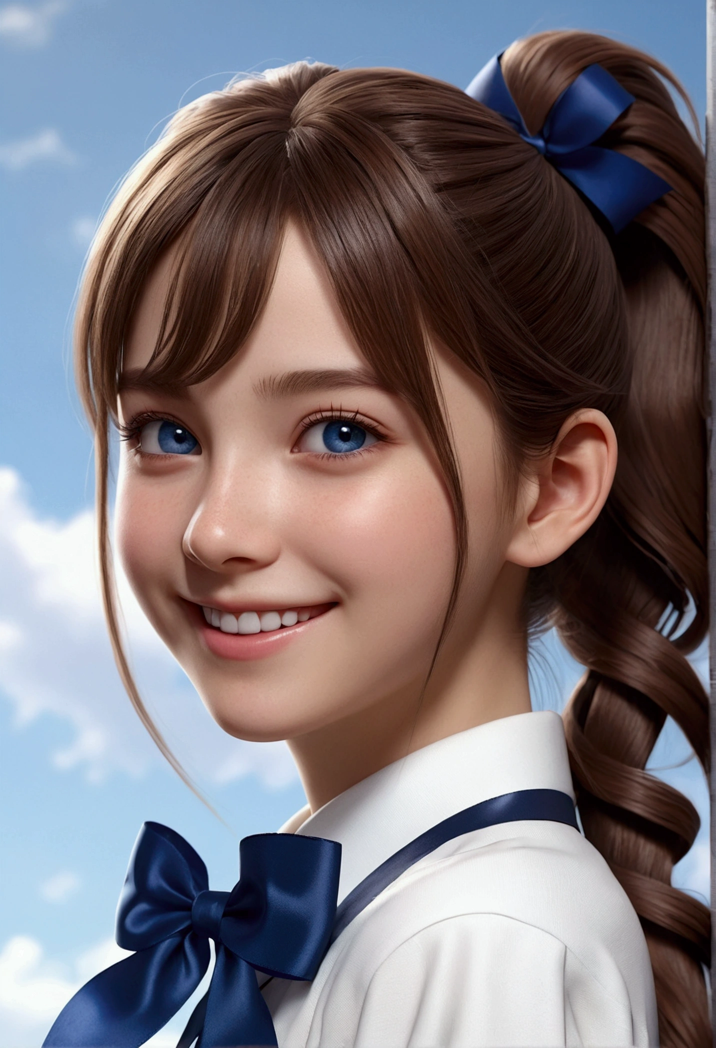 Super beautiful CG、One Girl, ponytail, smile, Brown Hair、Deep blue eyes、Big ribbon、 Highest quality, Ultra-high resolution, Like the picture, Ultra-detailed, 8k, RAW Photos
