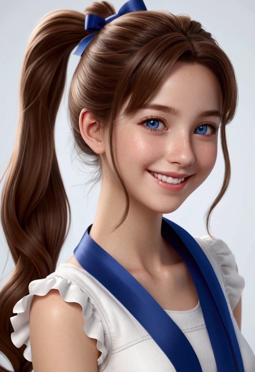 Super beautiful CG、One Girl, ponytail, smile, Brown Hair、Deep blue eyes、Big ribbon、 Highest quality, Ultra-high resolution, Like the picture, Ultra-detailed, 8k, RAW Photos