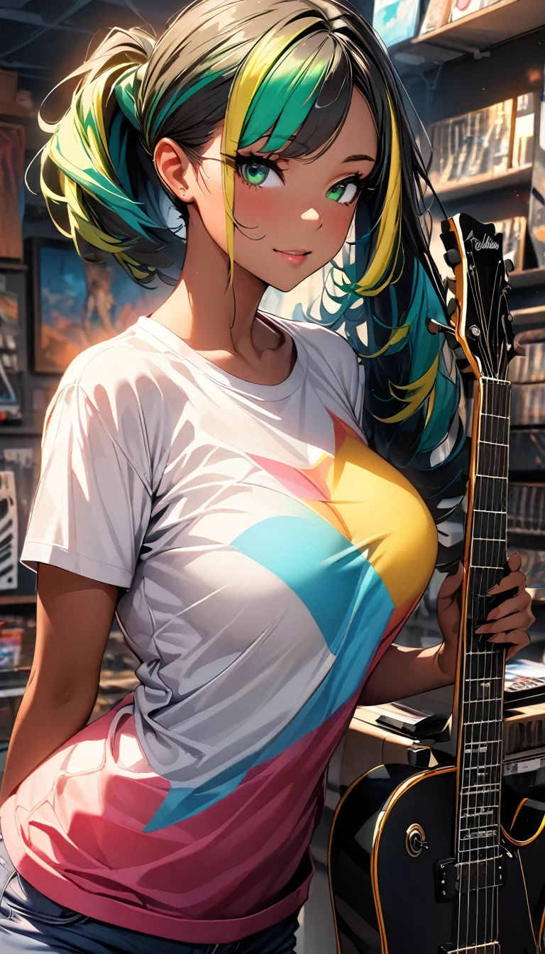 (highest quality:1.2, Very detailed, up to date, Vibrant, Ultra-high resolution, High Contrast, masterpiece:1.2, highest quality, Best aesthetics), Portraiture、solo, girl、(slim:1), (25-years-old), colorful T-shirt, jeans short pants, shopping at musical instrument store, guitar shop, Bright colors、Beautiful fine details、Beautiful lip detail、long hair、ponytail, white and yellow green ((streaked hair:1.6)), highlights hair: 1.5, (medium breast:1) , (tan skin:0.9), ((cowboy shot:1))