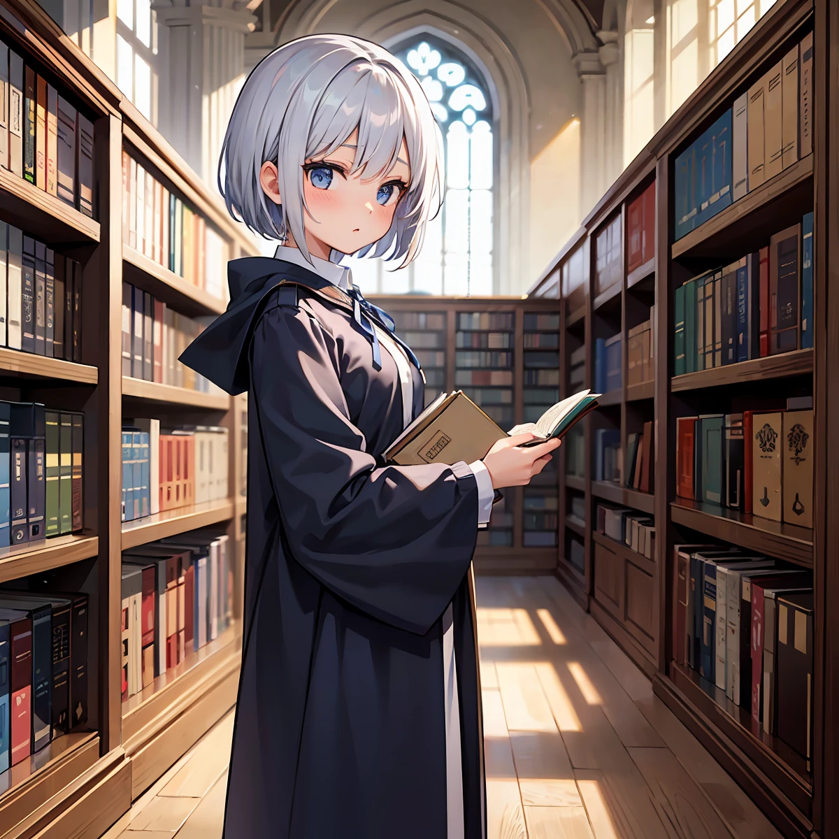 In a medieval library、A young woman with short hair wearing a uniform and a cloak is holding a book。She wears a uniform with a blue ribbon and symbol.、There are many books on the shelves in the library。There were a few other students in the background.、Antique arched windows and decorations can be seen。She has silver hair, is a high school student, and is slender.。