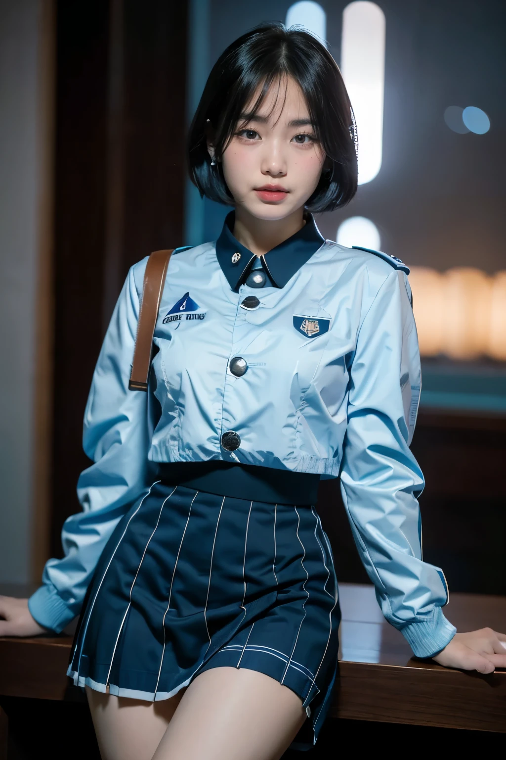 (highest resolution, distinct_image), best quality, masterpiece, highly detailed, semi realistic, a woman with black shoulder length hair, black pupils, mature, mature woman, imperial sister, sexy, short hair, triple bangs, light blue uniform, light blue uniform jacket, soldier, light blue pleated skirt, military uniform, fighter front, future, science fiction, universe