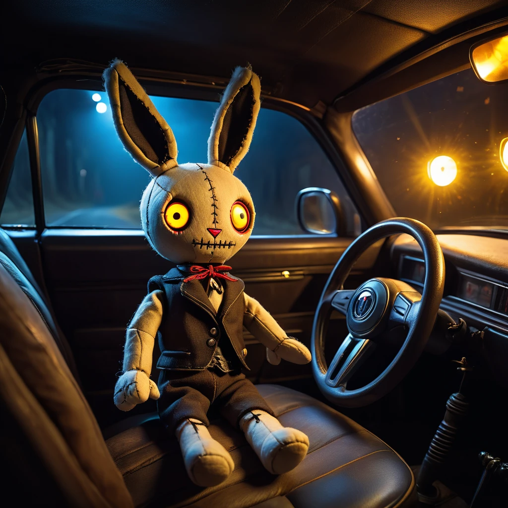 (knitted toy voodoo doll:1.9), (Voodoo Rabbit Driving a Car:1.5), (Clothing: dark fur with glowing yellow eyes and sharp claws:1.0), (Accessories: enchanted steering wheel emitting dark light, floating spectral headlights:1.2), (background: dark, abandoned road with flickering lights, moving shadows, and an atmosphere of haunting travel:1.2), best quality, masterpiece, detailed soft oil painting, detailed background, dramatic cinematic lighting, soft edge lighting, professional, dramatic lighting, hard edge lighting, ultra quality, 4k,masterpiece, best quality, 8k, ultra highres, highres, extremely detailed