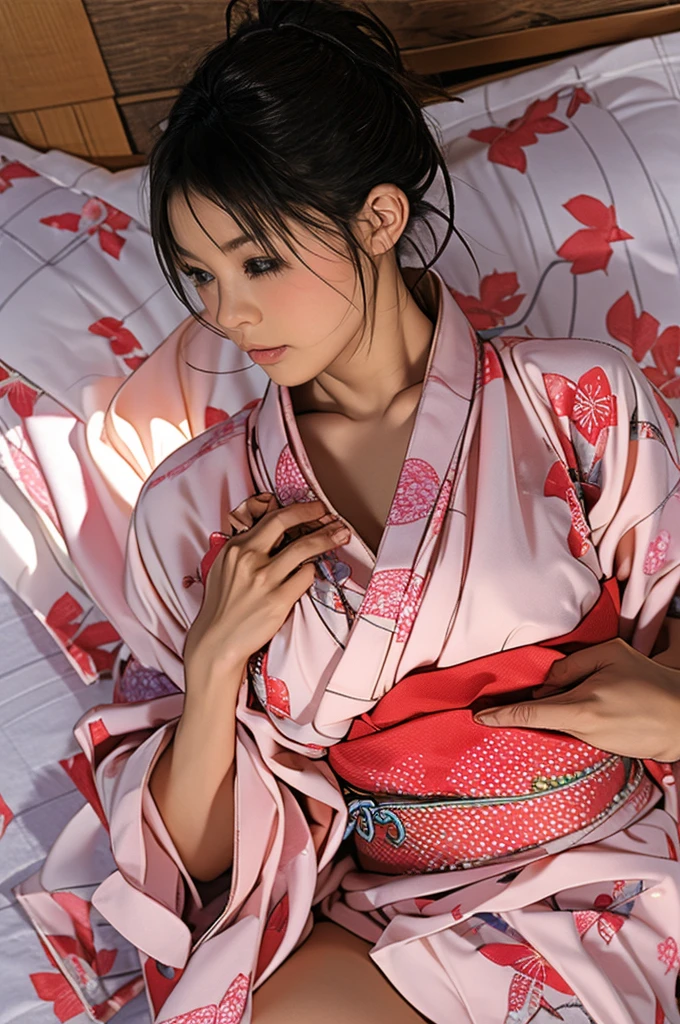 Highest quality、High resolution、Very detailed、masterpiece、RAW Photos、Realistic、photoRealistic、Very delicate and beautiful.、Subtle details、Hot Springs Inn、Japanese style yukata、A Japanese woman in her 20s wearing a yukata、tatami、futon、Sexy chest