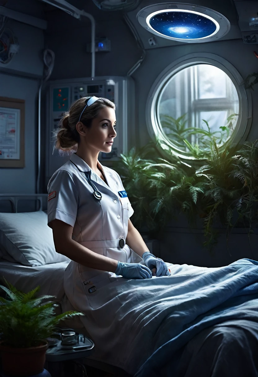 masterpiece, best quality, high resolution, realistic, detailed, Female nurse, science fiction hospital room in planetary orbit, artificial plants, nursing at bedside, stars in deep space seen from window, 