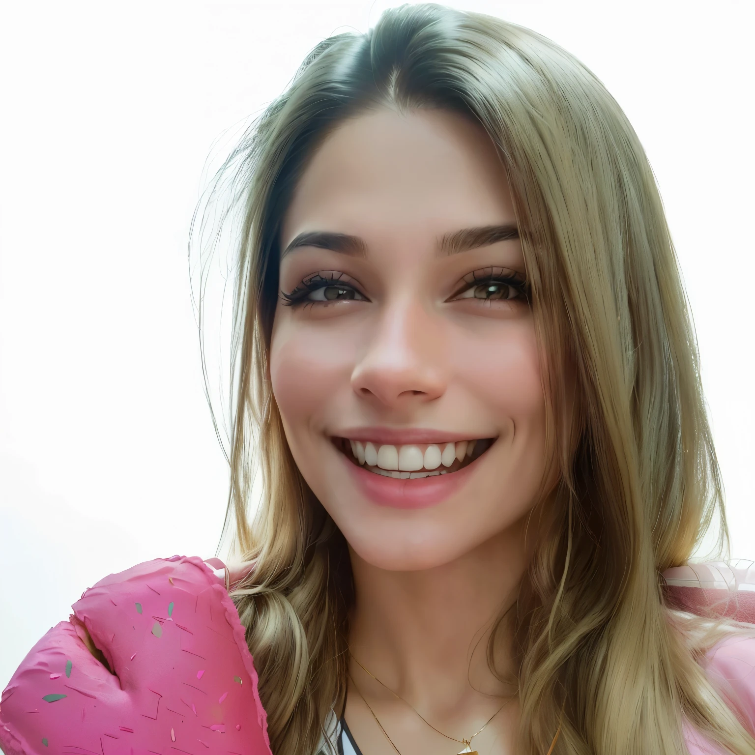 smiling woman with long hair and a pink shirt holding a donut, alanis guillen, fernanda suarez, lorena avarez, adriana dxim, by Maria Helena Vieira da Silva, by Amelia Peláez, Estefania Villegas Burgos, by Nándor Katona, valentine shuffle, marischa becker