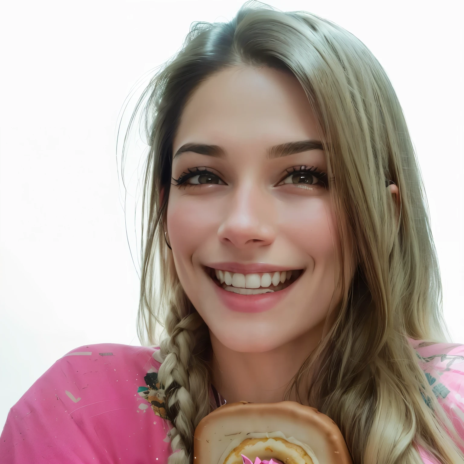 smiling woman with long hair and a pink shirt holding a donut, alanis guillen, fernanda suarez, lorena avarez, adriana dxim, by Maria Helena Vieira da Silva, by Amelia Peláez, Estefania Villegas Burgos, by Nándor Katona, valentine shuffle, marischa becker