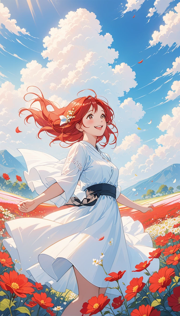 illustration:A happy woman,With bright red hair,Surrounded by a flower field,Under the blue sky and white clouds,best quality,