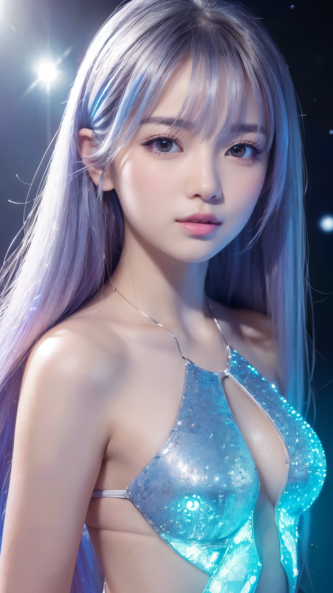 (In 8K, Highest quality, Tabletop, Ultra-high resolution, High quality face:1.5), (Lots of details), (Android in the form of a girl:1.3),(Realistic:1.4) (View diagonally:1.6), (Very white skin, Clear skin, Glowing Skin:1.4), Pin Spot Light, (The eyes are connected to the universe through high-performance lens eyes.　Long eyelashes:1.5), Shiny, wig hair, Duck mouth,   de luz, cute, refresh, ((純白de luzドレスを着る 透明)), (Japanese),White Holographic Background, Digital Art, Lighting by world-class AI creators, dream-like, Different space, Light and deep texture