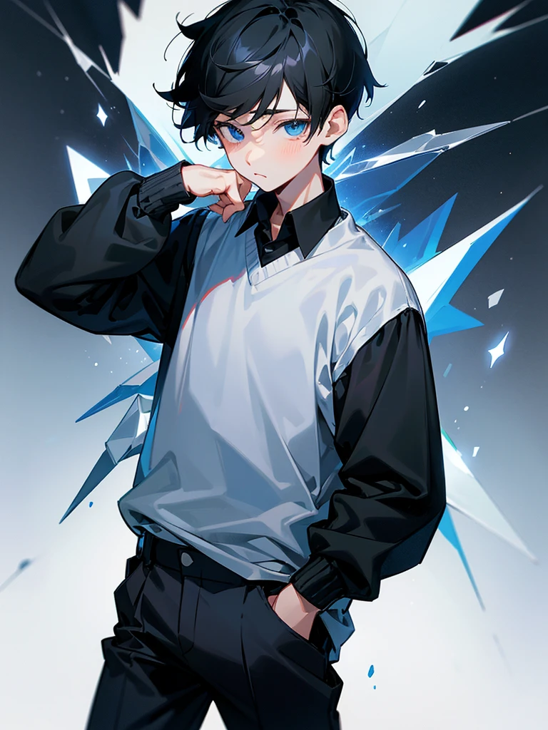 1boy, short black hair, dark blue eyes, (((cute face))), black shirt, navy cardigan, balck pants, standing,hands in pocket, white clear background, icy snowflakes background