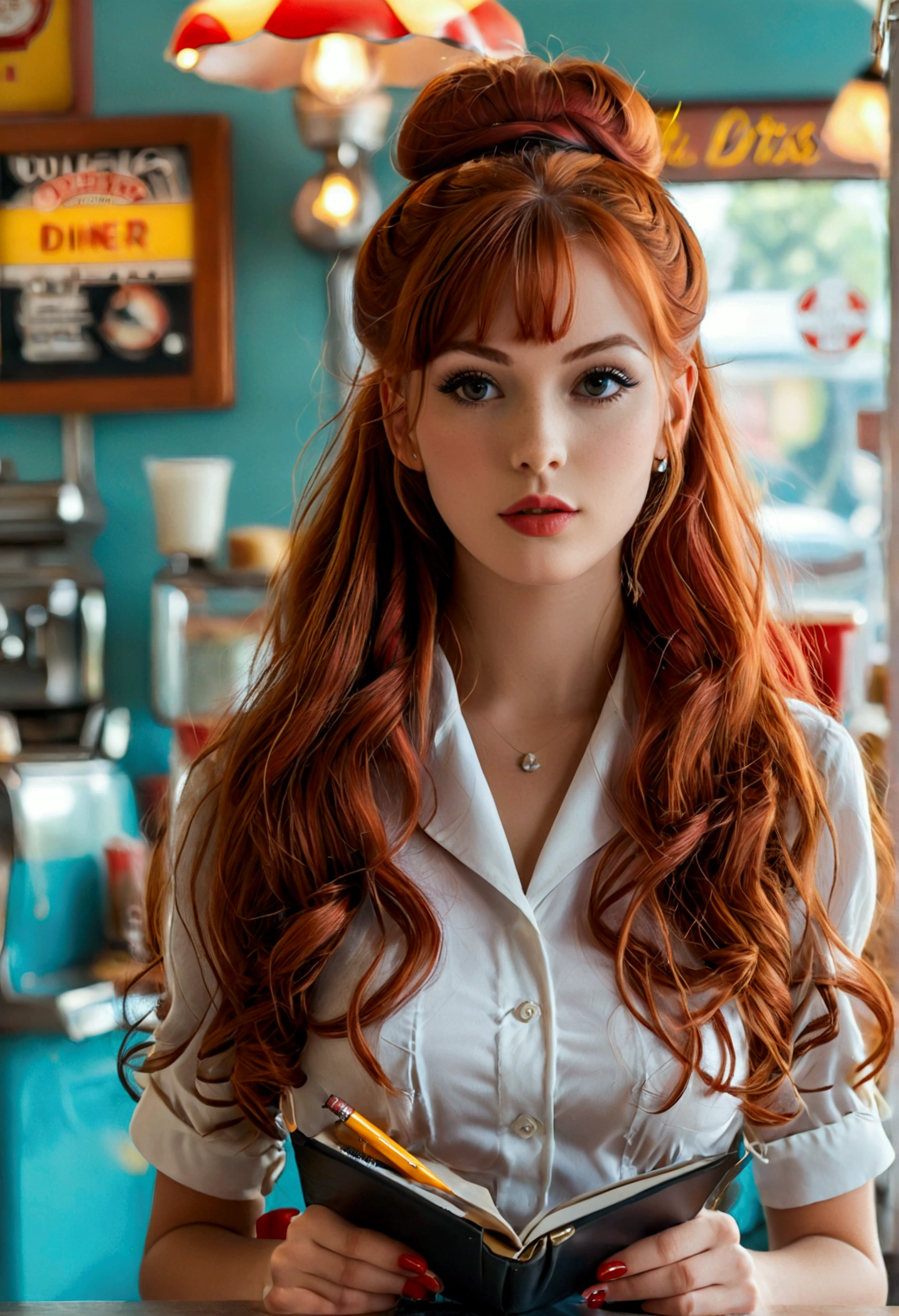 ultra realistic, photography, long red hair, girl, 24 years old, hourglass figure, perfect body, Flirty look, natural breasts, blur background, working at a 60s diner, standing at the counter, waitress outfit, hair in a bun, notepad and pencil in her hands