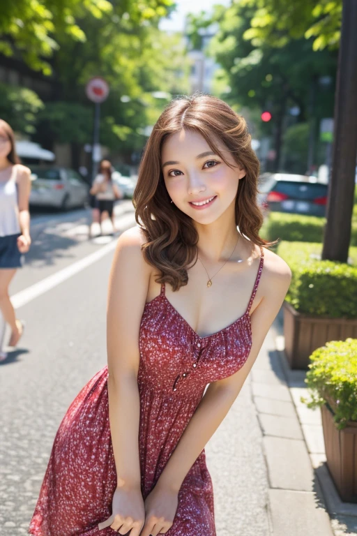 Tabletop, Highest quality, figure, Very detailed, In detail, High resolution, 8k wallpaper, Perfect dynamic composition, Beautiful attention to detail, direct your gaze to the viewer、Summer Dresses,Medium Hair, Natural color lip, Random sexy poses,smile,Aoyama Street Walk、20-year-old girl、cute