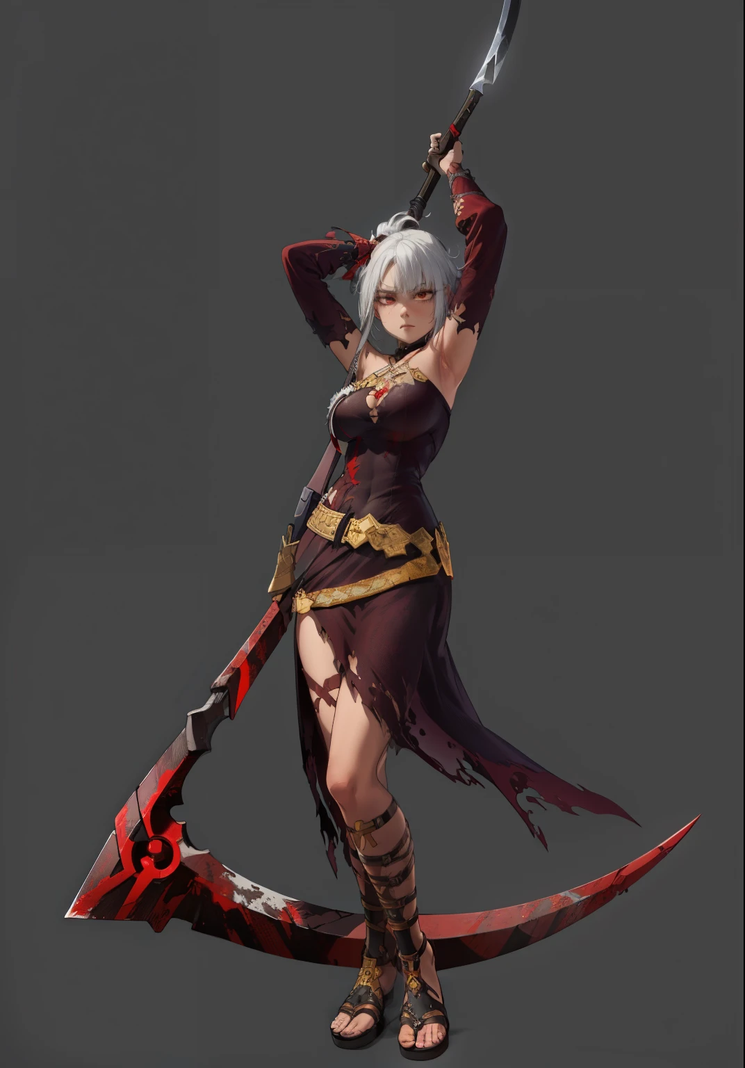 (extremely detailed CG unity 4k wallpaper),(masterpiece),(best quality),(ultra-detailed),(best illustration),(best shadow),(absurdres),(Simple background), scythe, Solo, ghost skin, eye color (red), weathered and torn bloody dress, gladiator sandals (Black), white hair (Hime cut), Darkness, Night, medium breasts, thick thighs, Determined expression,