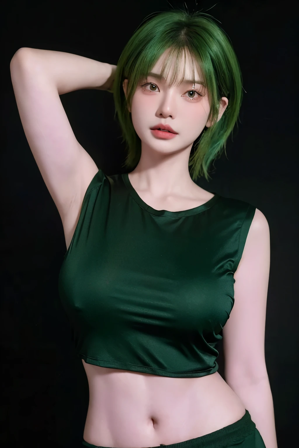 HDR, 8k, High Quality back ground, face High Quality ,black shirt, nokiapretty, No Bra, underpants, black background, greenhair,