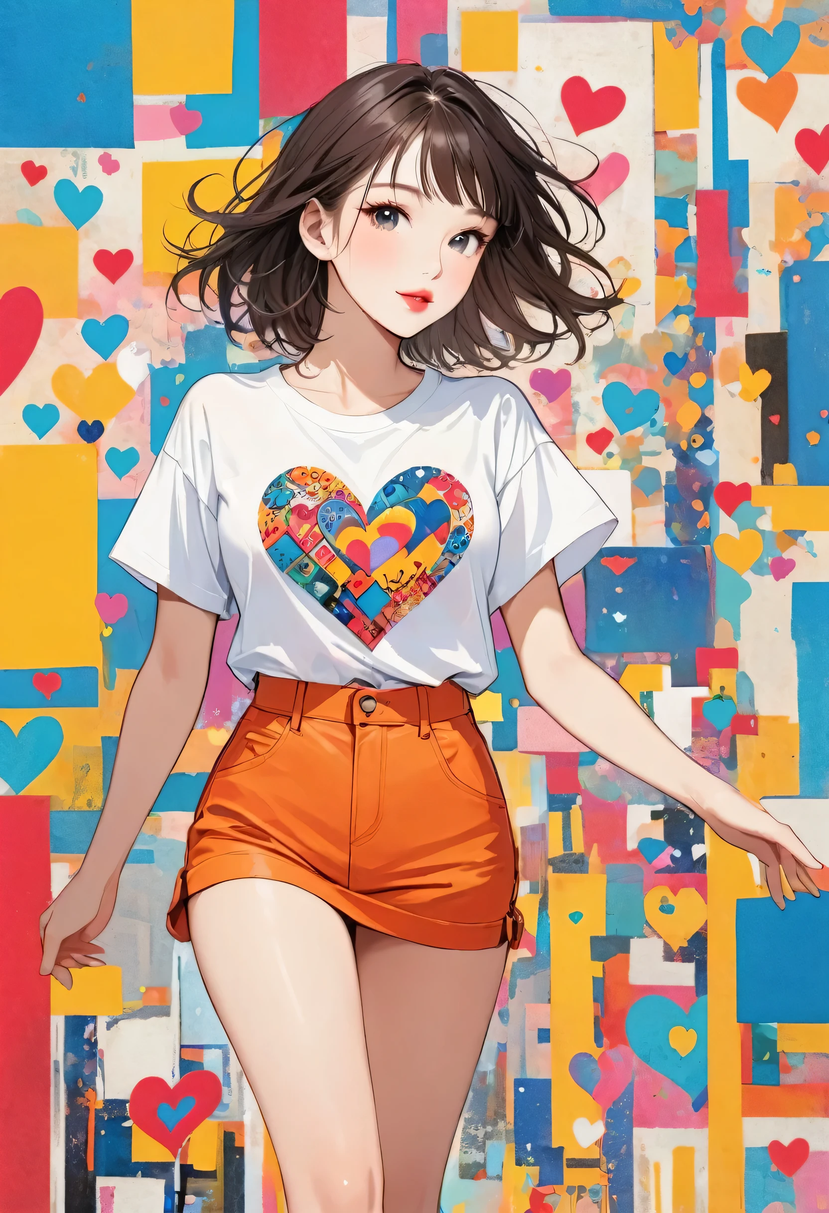Ultra-realism Keith Haring colorful style, Simple Line Initialism,Abstract art,(((The most beautiful girl of all time))), Sweet face. Lips in love, colorful hearts, stylish design, 夏のオシャレなTシャツ, 黒い瞳, walking, Paris