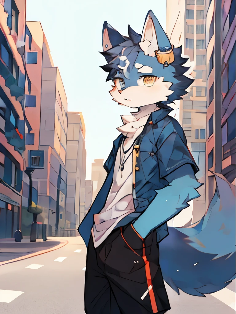 furry,fur,body fur,City,street,Solitary,Short sleeve,crack,Boys,性慾Boys,Anthropomorphic male wolf,earrings,Heterochromic Eyes