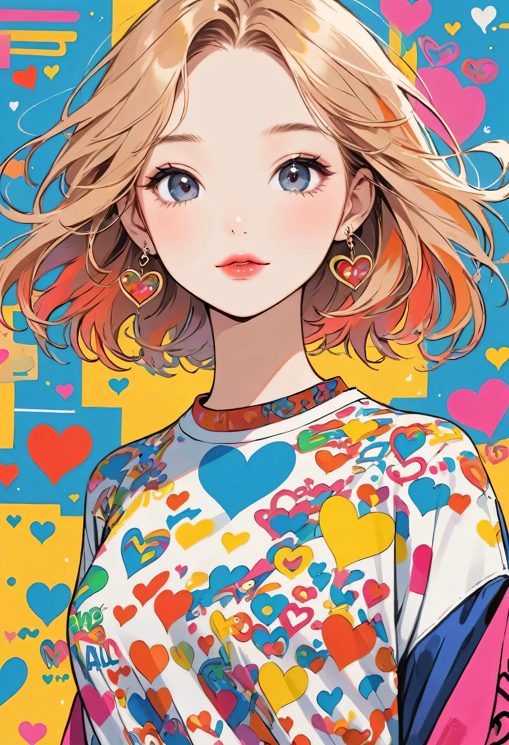 Keith Haring colorful style, Simple Line Initialism，Abstract art，(((The most beautiful girl of all time))), Sweet face. Lips in love, colorful hearts, stylish design, 夏のオシャレなTシャツ, 黒い瞳, walking, New York city