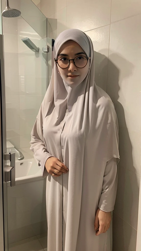 A white Asian girl in a hijab wearing round glasses and wearing an abaya is standing in the bathroom,