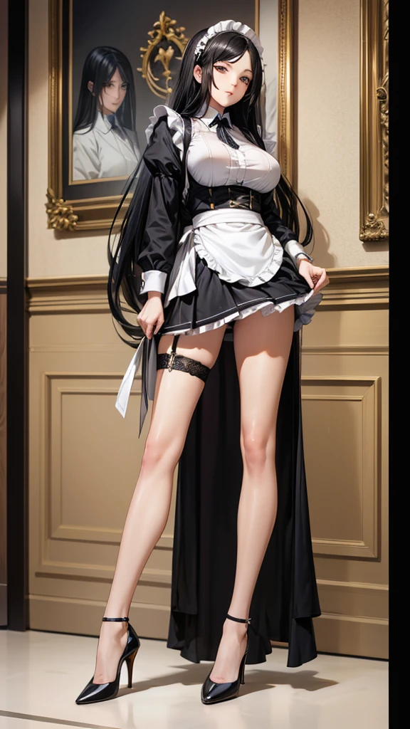 Adult woman with long straight black hair and smooth Liuhai huge breasts,Maid costume,mini skirt,Bare Legs,garters,high heels,Standing,Luxury Homes