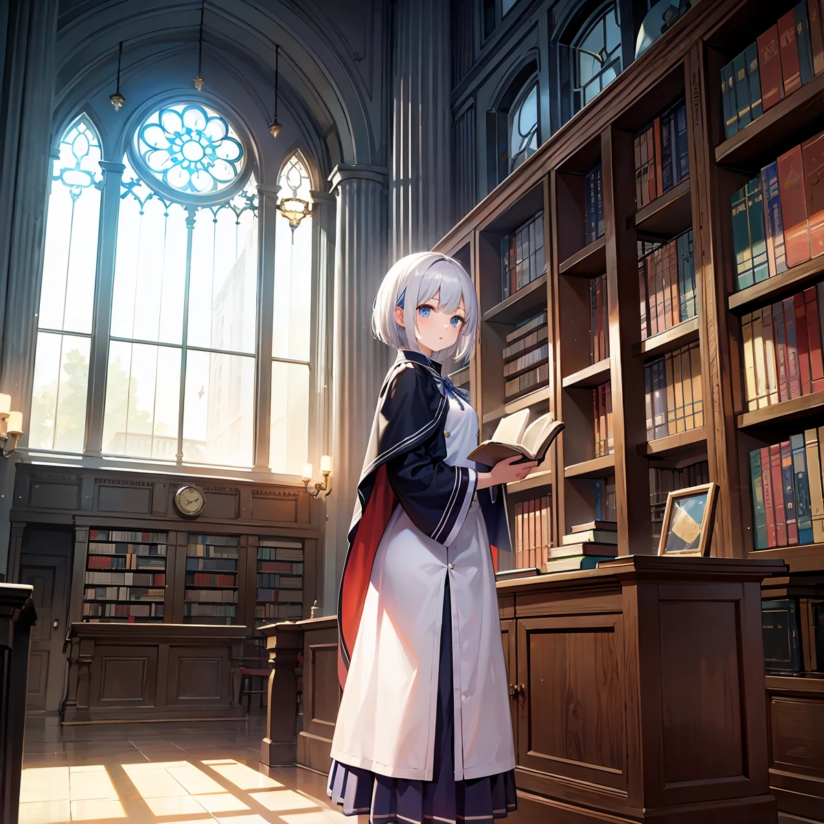 In a medieval library、A young woman with short hair wearing a uniform and a cloak is holding a book。She wears a uniform with a blue ribbon and symbol.、There are many books on the shelves in the library。There were a few other students in the background.、Antique arched windows and decorations can be seen。She has silver hair, is a high school student, and is slender.。Tall and facing forward。