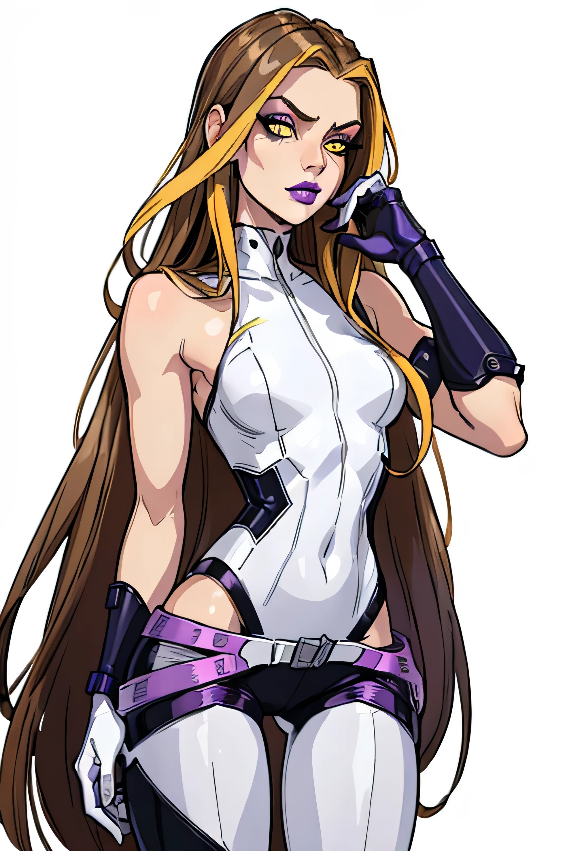 (darcy), yellow  eyes, brown hair with blonde streaks, very long hair, (HexenOutfit), (the picture, purple lips, Lila Body, sleeveless), (White background, solid White background:1.5), (realisti:1.2), (​masterpiece:1.2), (Full body shot:1),(Cowboy-shot:1.2), cyberpunk background, Steampunk, neon lighting, dark romantic lighting, (muito detalhado:1.2),(detailed face:1.2), (Color gradients), colorful, detailled eyes, (detailed landscape:1.2), (natural lighting:1.2),(detailed background),detailed landscape, (neutral stance:1.2), close up shot, alone, 