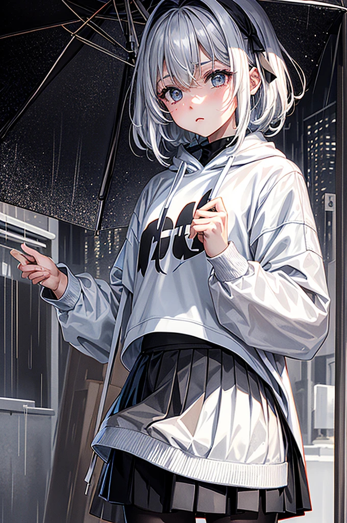 （tmasterpiece，best qualtiy：1.3），extremly high detail，complex，8k，独奏，Clear eyes，The expression is sad，the wallpaper，cinmatic lighting，hoody， Short pleated skirt， the street， exteriors，heavy rain， neonlight