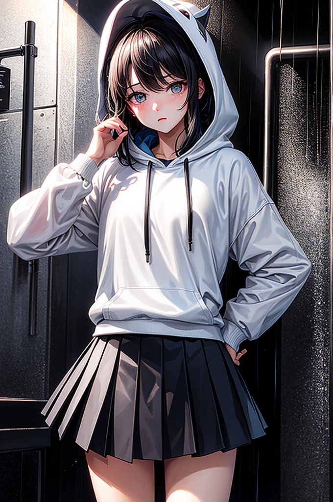 （tmasterpiece，best qualtiy：1.3），extremly high detail，complex，8k，独奏，Clear eyes，The expression is sad，the wallpaper，cinmatic lighting，hoody， Short pleated skirt， the street， exteriors，heavy rain， neonlight