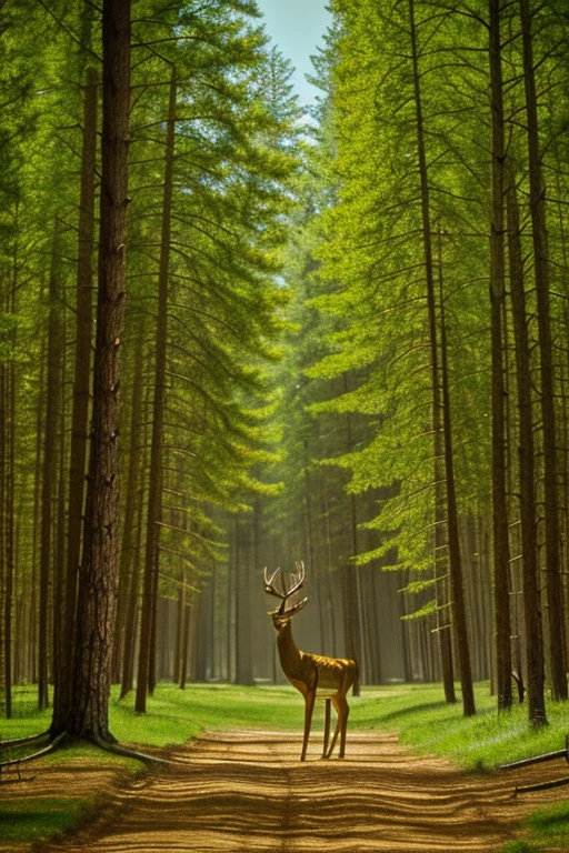 large deer with branched antlers, standing in a clearing surrounded by forest