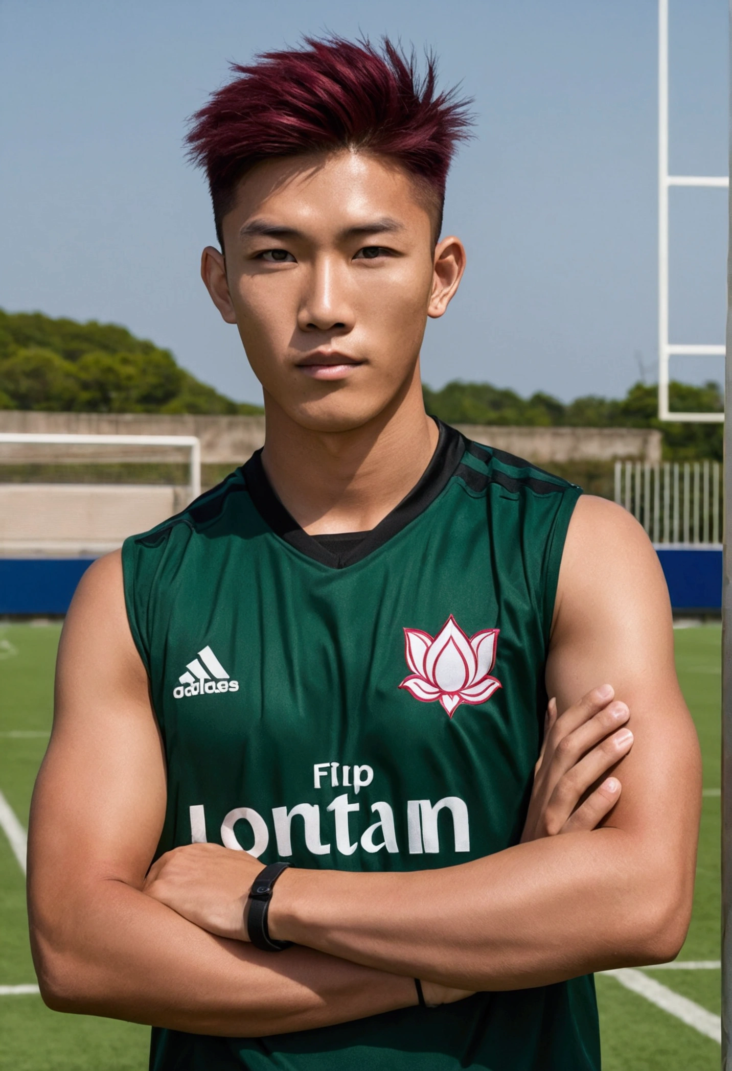 a guy with Asian features, black and red hair,cropped hair spike hair,His eyes are dark brown,Slim and agile, with well-defined muscles,He's wearing the team uniform , in navy blue colors ,Clear Skin,he is a soccer player, the uniform is all dark green with a lotus symbol , he is on the football field,The team's uniform is dark green , a logo do time é uma Lótus branca



