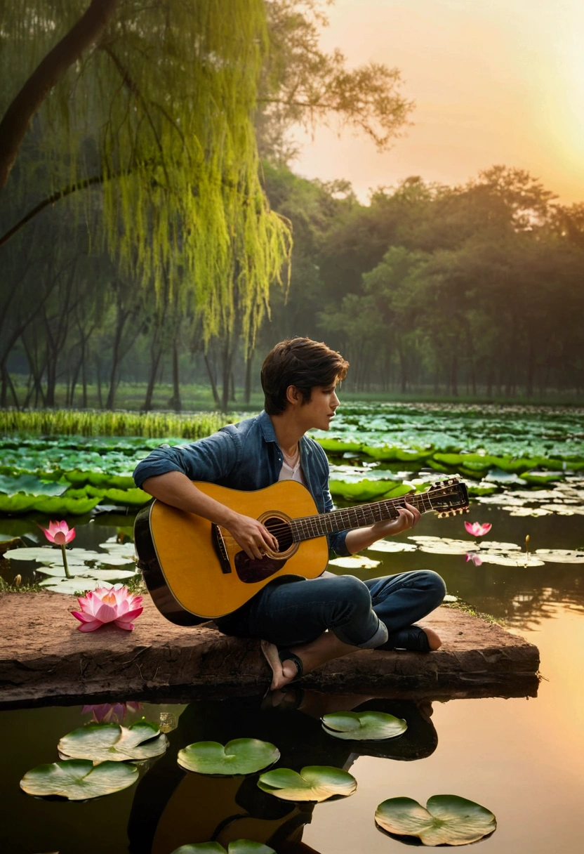 (best quality)), ((masterpiece)), (detailed), 1 handsome boy playing guitar sitting near bank near pond filled of beautiful glowing lotus flower surrounded by trees in forest full picture from back