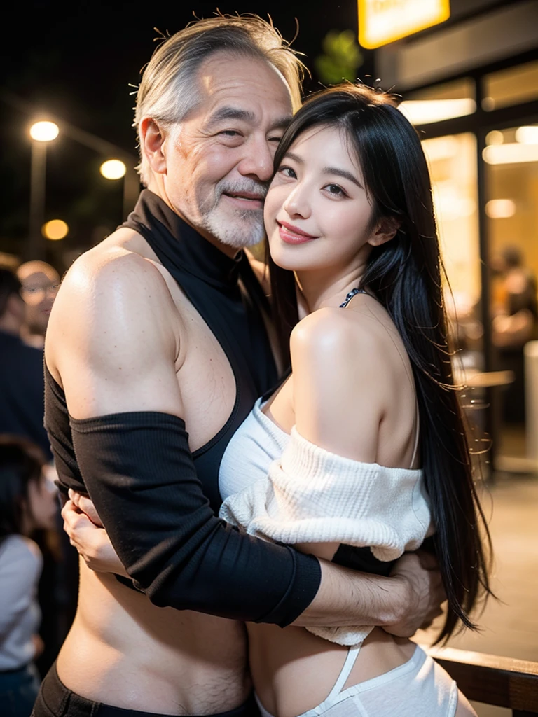 An old Korean man and a young Korean woman, age difference, age difference, giant size, 70 year old man, long white beard, smiling face, hairy body, standing hugging, hugging , sexy young girl 18, sexy body size, long black hair hairstyle, embarrassed blushing face, sexual position, kiss, a white-haired old man, a young girl , night club, detailed face, realistic, realistic, big breasts,huge ,girls wearing bikini,off shoulder revealing breasts,
