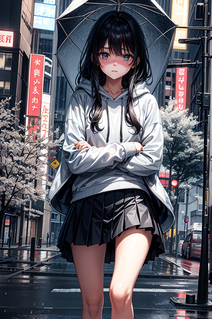 (tmasterpiece,best qualtiy:1.3),extremly high detail,complex,8k,独奏,Clear eyes,The expression is sad,the wallpaper,cinmatic lighting,hoody, Short pleated skirt, the street, exteriors,heavy rain, neonlight