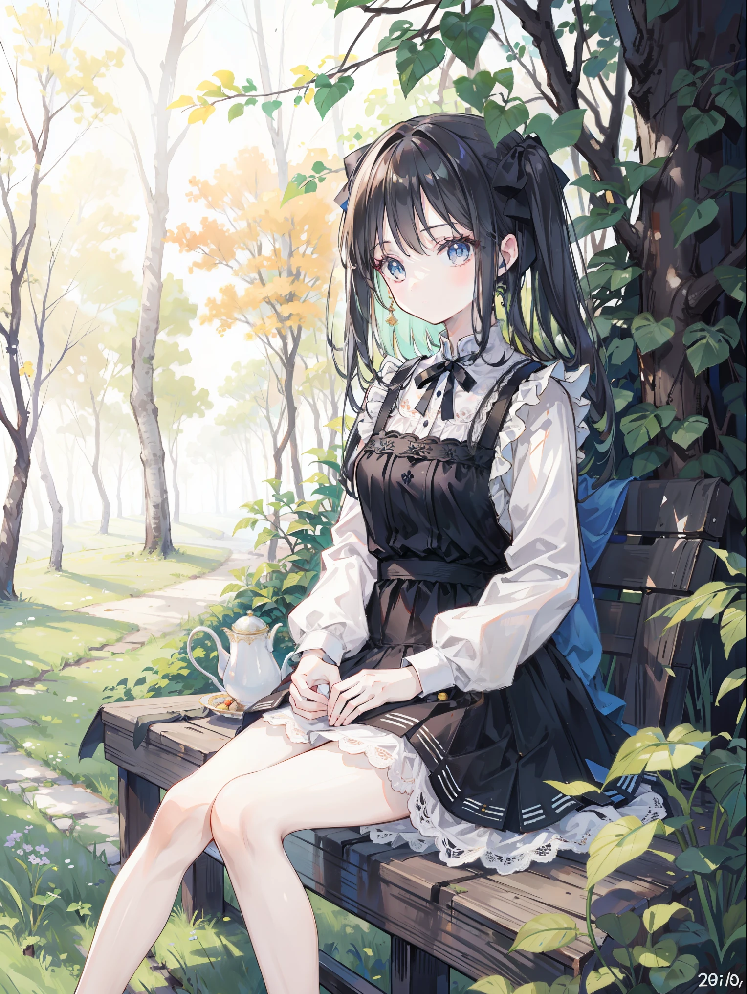 Young woman, dress, поза is sitting, is sitting, is sitting возле дерева, tree, Forest background, pie, tea