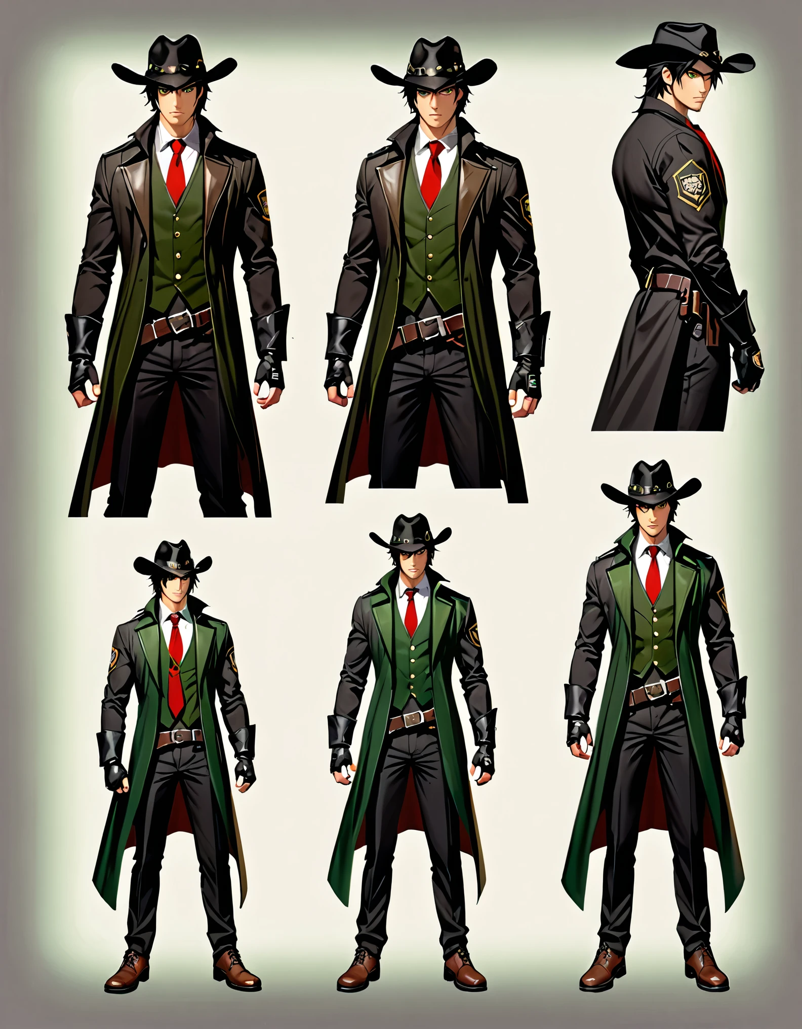 semi-realistic, solo, solo focus, 1 young black-haired man, dark green vest, serious look, 1 man, green eyes, full body shot, cowboy bounty hunter, black hat, black shirt, red necktie, long black coat, fingerless gloves, black pants, belt buckle, shoes, serious look, Simple background, Multiple views, Character Sheet Full-Length. Gun, revolver.