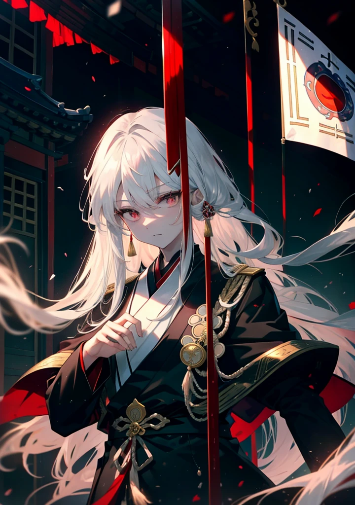 a tall, strong, handsome korean prince with long white hair, sharp narrow red eyes, outside a traditional korean palace, wearing black to hide