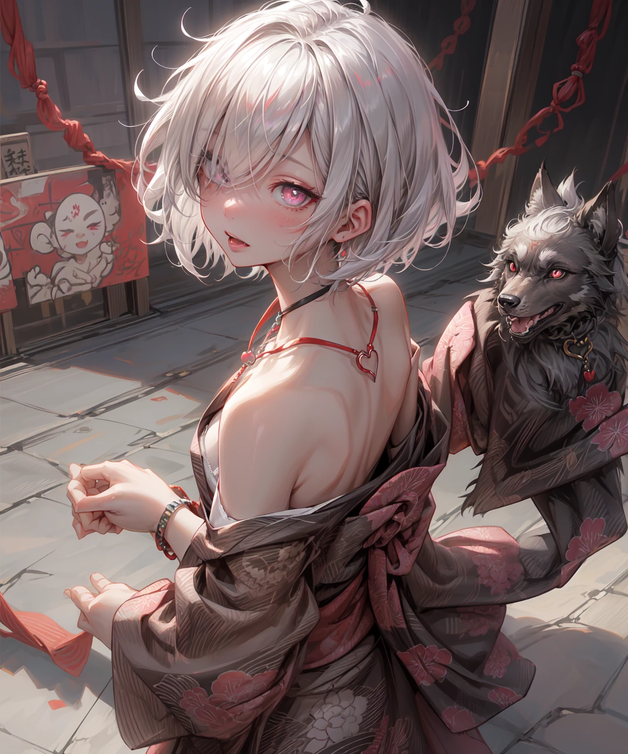 (Highest quality、High resolution、8k、masterpiece)。Look away、Open your mouth、Pink Eyes、Silver Hair、Heart shaped pupil、teeth、tongue、tongueを出す、（Original Character, (1 Girl)、Perfect Face、((short hair:1.2))、(Hair above one eye:1.3)、[[Disheveled Hair]]、Detailed eyes that shine、Light and shadow、 ((High angle shot))、Full body、bracelet、necklace、Disheveled clothes、Follow the Silver Wolf、Edo Period、kimono、Shunga、Ukiyo-e、