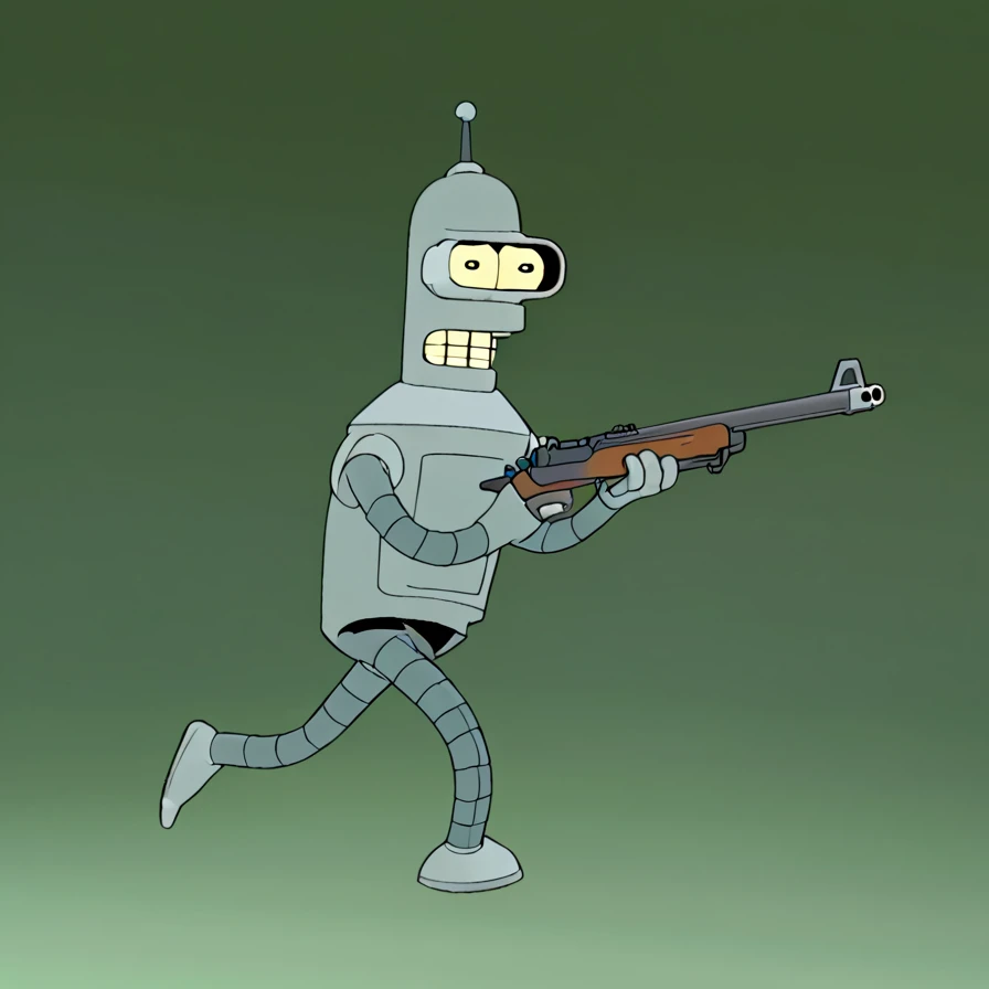 Bender, holding Rifle, running, Ürümqi, Style of Futurama 