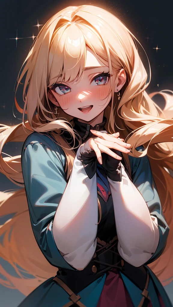 One girl, solo, Long Hair, Blushing, smile, Open your mouth, Simple Background,((Anatomically correct)),masterpiece,Noise Reduction,perfect anatomy,high resolution, ultra-detailed, ultra-detailed face,game cg,dutch angle ,beautiful detailed eyes,visualart,five fingers, perfect hands, perfect lighting, sparkling pupils,