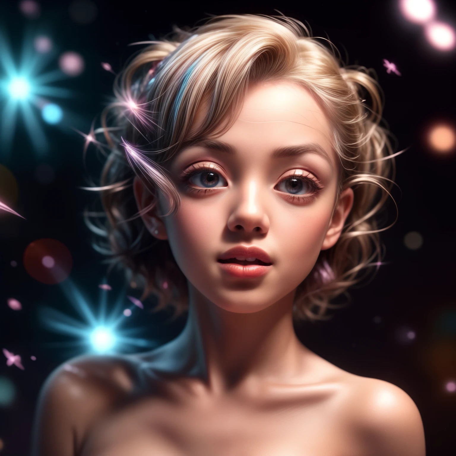 NSFW, 8k, High-level, absurd, masterpiece, best quality, primitive, very detailed CG, very detailed wallpaper, perfect lighting, Extremely detailed (((The personifying "Marilyn Monroe" as a TinyGirl))), MysticSight, Tyndall effect, Tyndall scattering, (Studio gray background with (many Dazzling RainbowColor particles BokeH)), (RoundlyButts, ThighGap), (Exposed:-0.9), (Assfocus with looking ahead), BREAK (NOGIZAKA face variations)  Extremely Detailed very KAWAII face variations, perfect anatomy, Childish, captivating gaze, elaborate detailed Eyes with (sparkling highlights:1.28), long eyelashes、Glossy RED Lips with beautiful details, Coquettish tongue, Rosy cheeks, Radiant PearlSkin with clear transparency . { (Dynamic LifeLike expressions:1.4) | :d) }, (large eyes:-1) .