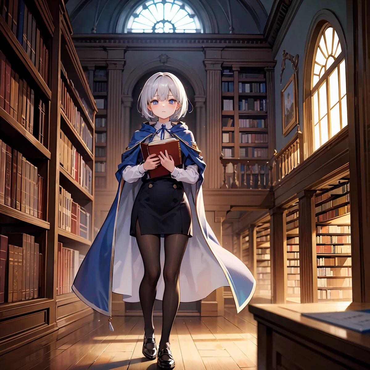 In a medieval library、A young woman with short hair wearing a uniform and a cloak is holding a book。She wears a uniform with a blue ribbon and symbol.、There are many books on the shelves in the library。There were a few other students in the background.、Antique arched windows and decorations can be seen。She has silver hair and is tall and slender.。She is facing the front and、Walking towards here。