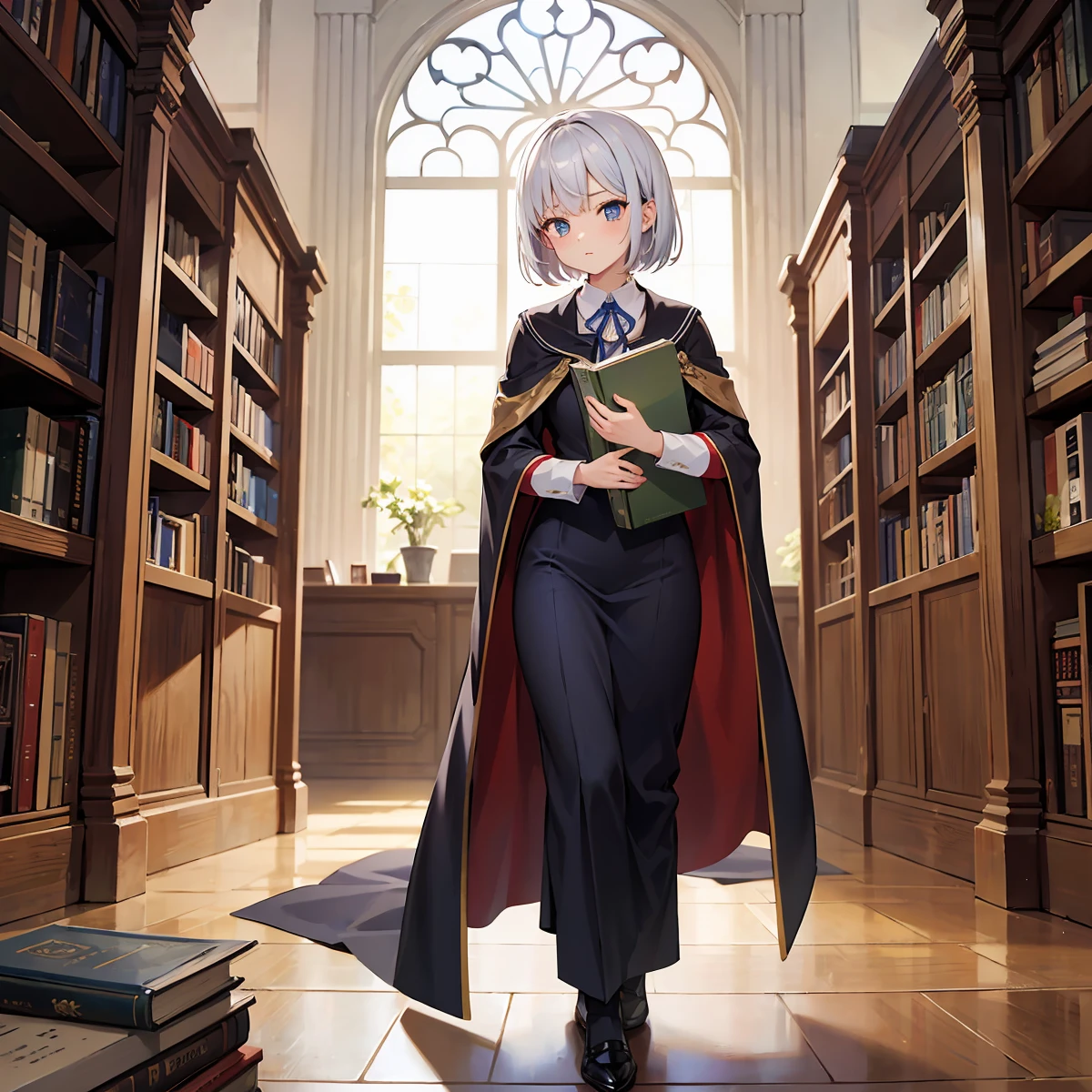 In a medieval library、A young woman with short hair wearing a uniform and a cloak is holding a book。She wears a uniform with a blue ribbon and symbol.、There are many books on the shelves in the library。There were a few other students in the background.、Antique arched windows and decorations can be seen。She has silver hair and is tall and slender.。She is facing the front and、Walking towards here。