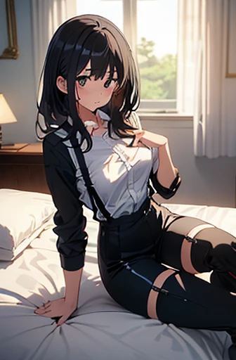 Narcissus -SIDE 2nd- OP masterpiece、Flat Color、Depth of written boundary、Lens Flare 1 Girl、、Black Hair、Staring at the audience Black suspenders bulging big breasts wall: Black suit Pants garter sight Small face Bans holster Beautiful woman Show your hand Lying in bed Lying in bed sight Black boots panty shot Dress shirt