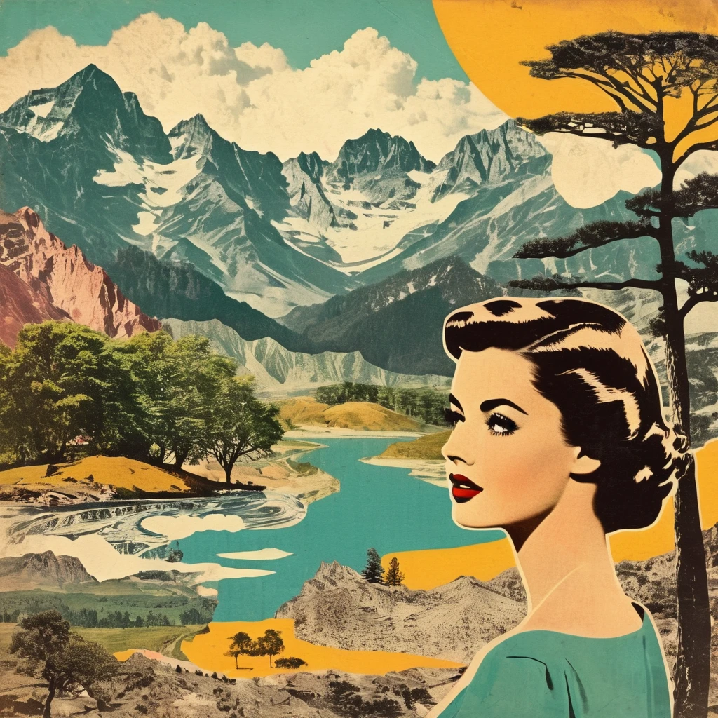 Vintage paper collage with landscape and model emotional Impact retro style