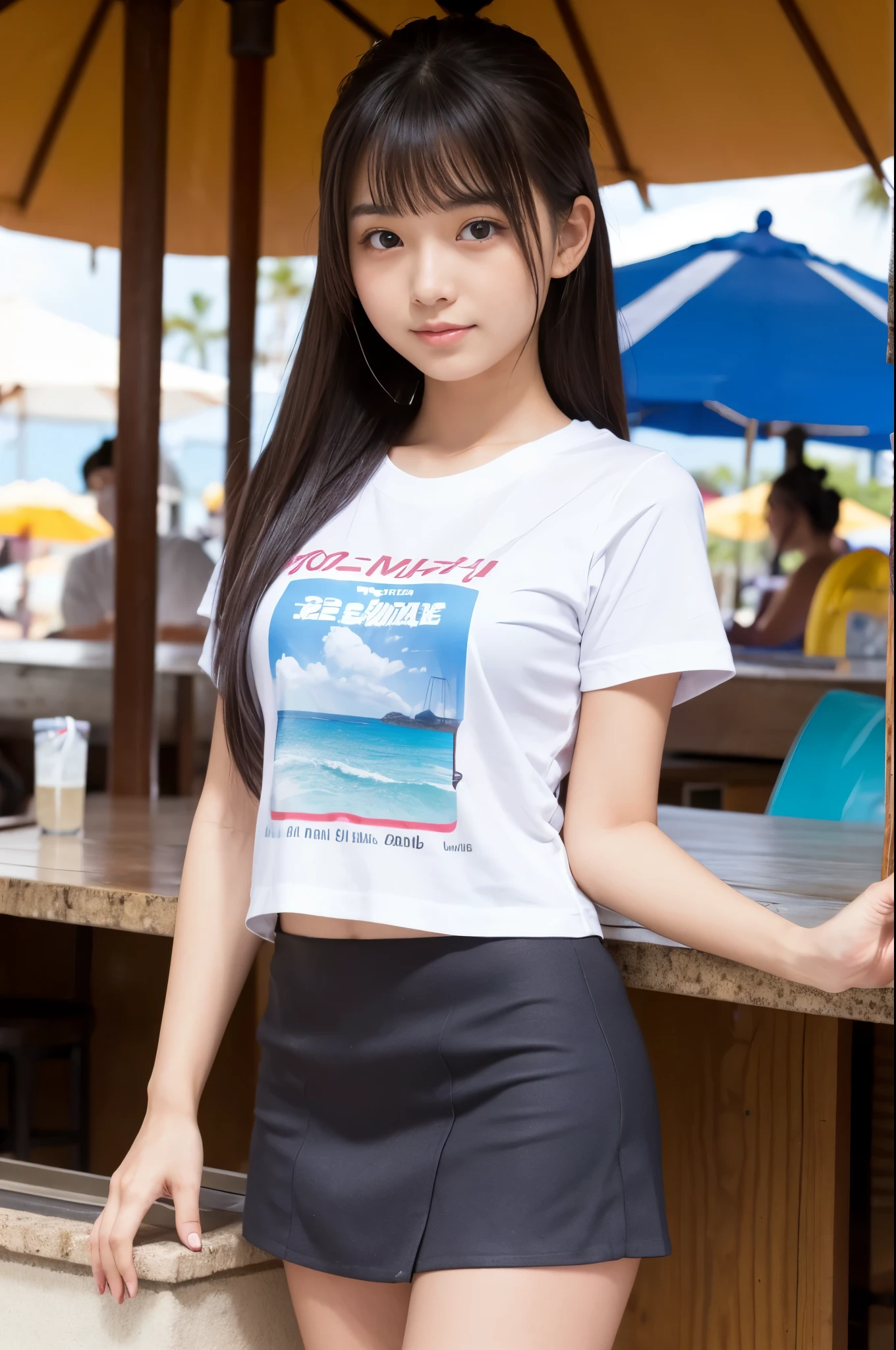 20 years old girl (Japanese cute face) is wearing T-shirt, mini skirt and is working at the beach bar