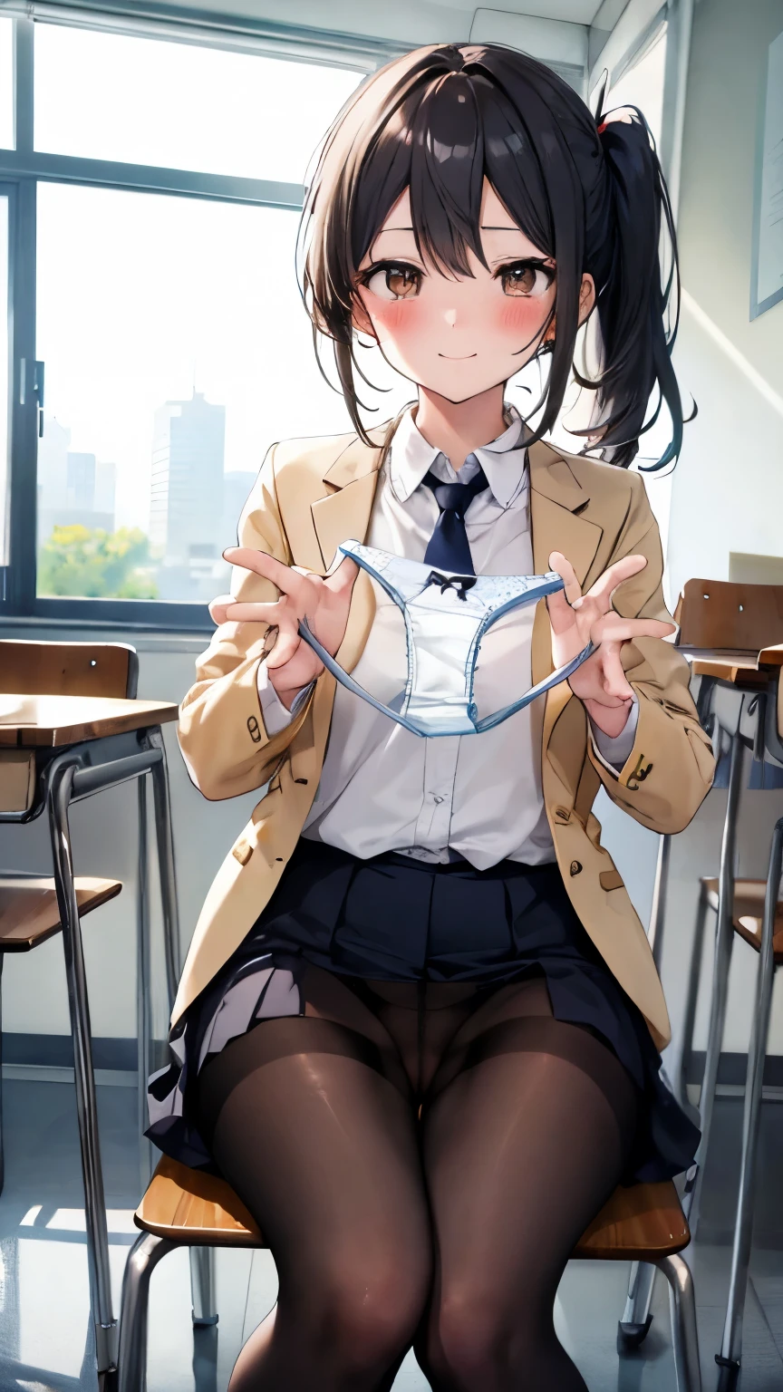 (masterpiece, 4K resolution, ultra-realistic, Very detailed), Girl、、、blazer、Sit on a chair、classroom、Holding white panties with both hands、smile、Black Hair、Side Ponytail、Brown eyes,holding panties,presenting panties.Perfect Fingers、tie、pussy、dildo in pussy、Blushing、Embarrassing、Embarrassed、Black Pantyhose、Spread your legs