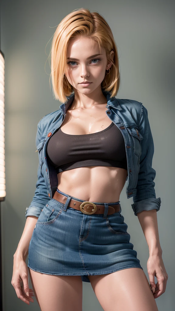 hyper detailed image, uhd, 16K, professional foto, (Realistic photo of Android-18 from Dragon Ball Z), ((goddess of beauty, enchanting, various accessories, aretes, very straight short blonde hair, a strand of hair between the eyes)), serious facial expression, ((She wears a blue denim jacket and a white cropped shirt., Short white subterranean showing the flesh of his breast)), Open and erotic denim jacket showing off your stunning, Beautiful and perfect big breasts, (( long natural sagging breasts, perfect natural breasts, ultra-giant long pointed breasts sticking out of jacket)) full breasts, large body, Cao Cao, Visible thin abdominals, corpo curved, Curvaceous, pert ass, she wears a belt and a (((Raised blue denim skirt she doesn't wear panties, Perfect display, pubic hair showing, lifting her skirt with her hand))), thick legs open, smiling showing thong stuck in her wet , Flexible Body, Brown boots, perfect hands and fingers, dark surroundings , moonlight night, Cyberpunk Background,
(android-18 estilo cyberpunk), offcial art, Android-18 sexy woman, official character art, sexy female protagonist, curved, Slim and toned body, legs spread open, exposé, micro dental floss stuffed in it , sticking your big ass , 16K foto ultra realista, photo taken from above showing her cleavage, Huge range, akiri toriyama, Director: toriyama akira, bulma from dragon ball, best anime character design, toriyama akira's stroke style, Cute single character, semi-, ( great lighting) (, , pubic hair), (panties soaking wet), pubic hair