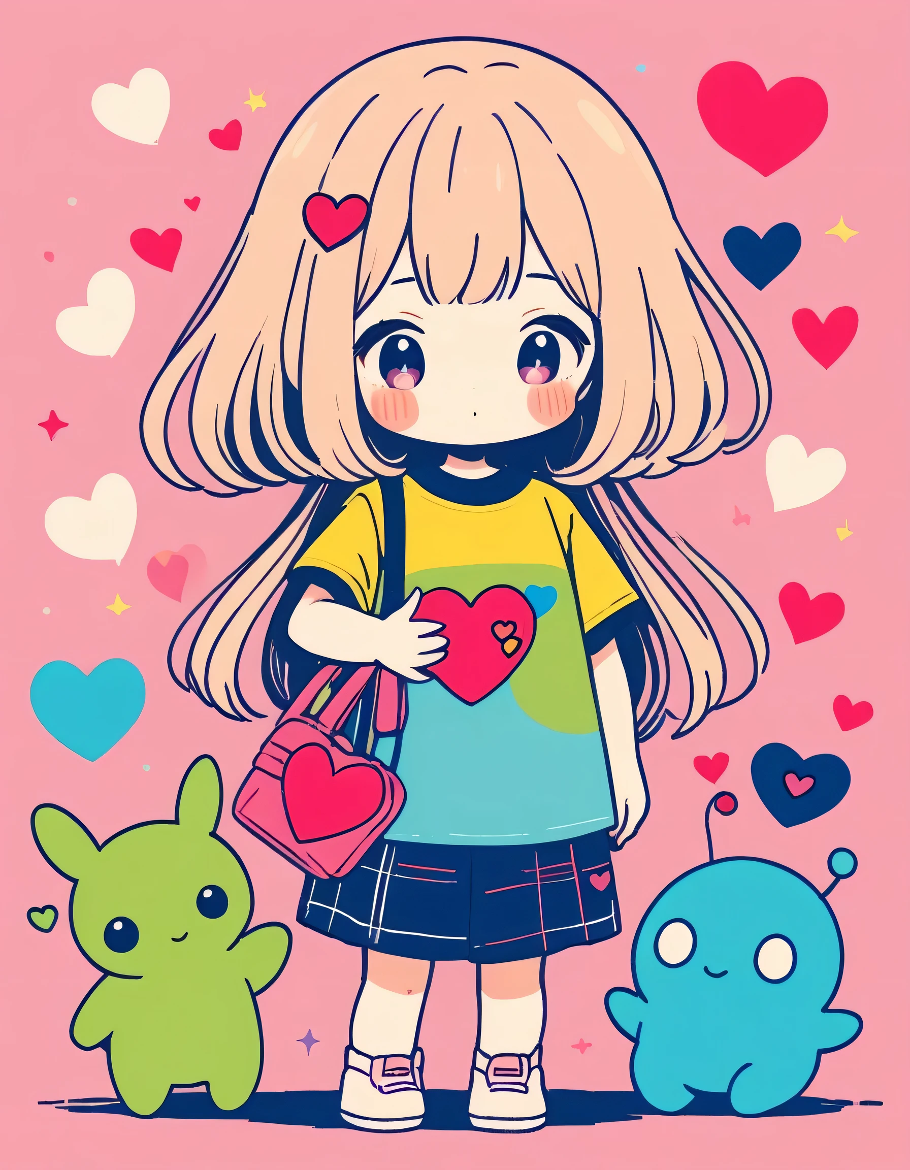 Momoko Sakura colorful style, Simple Line Initialism,Abstract art,Kawaii Design, The most beautiful girl of all time、chibi, (((Hug Cute humanoid alien)), (((Cute humanoid alien))), colorful hearts, Stylish summer t-shirts