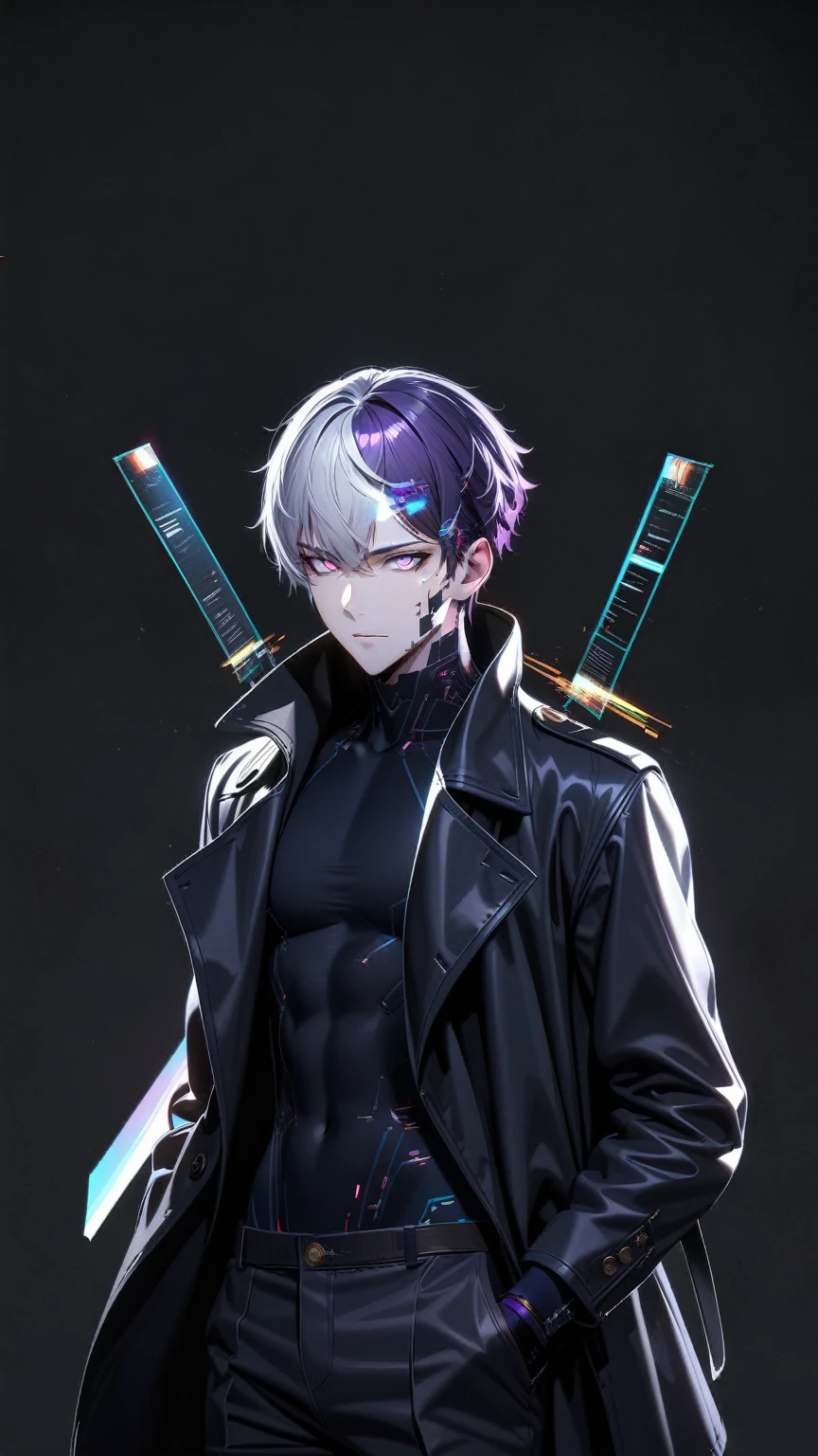 Masterpiece, Best Quality, Super Detailed, High Definition, Expensive Resolution, HDR, Super Detailed CG, Beautiful Details, Depth, Fine Texture, Super Fine, Complete concentration, Pale skin, Handsome man, smart and cool man, confident, short hair, white hair, purple hair highlight, beautiful detail eyes, yellow and purple eyes, glowing eyes, Black shirt and white jacket, beautiful detailed glow, extremely detailed eyes and face, futuristic, hlpr, (hologram, glitch, holographic face, ui, interface, nodes), 