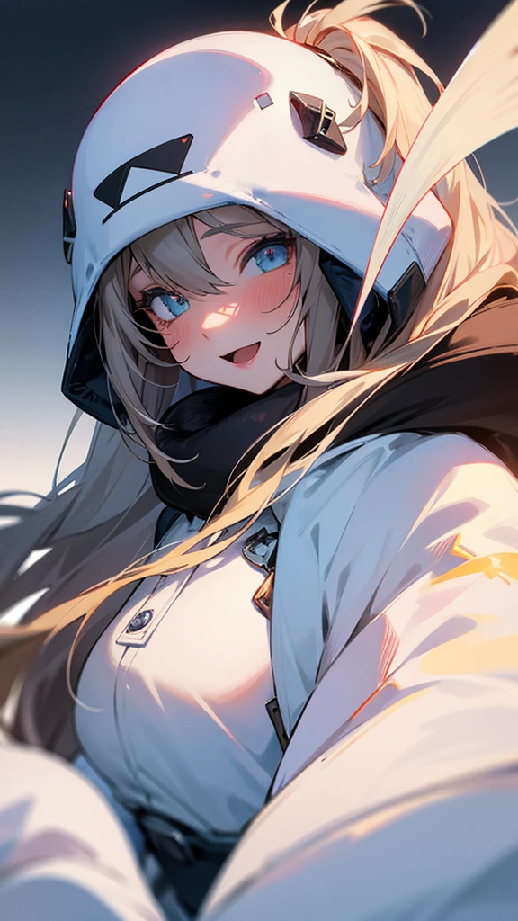 One girl, solo, Long Hair, Blushing, smile, Open your mouth, Simple Background,((Anatomically correct)),Antarctica,Winter gear,Food,masterpiece,Noise Reduction,perfect anatomy,high resolution, ultra-detailed, ultra-detailed face,game cg,dutch angle ,beautiful detailed eyes,visualart,five fingers, perfect hands, perfect lighting, sparkling pupils,