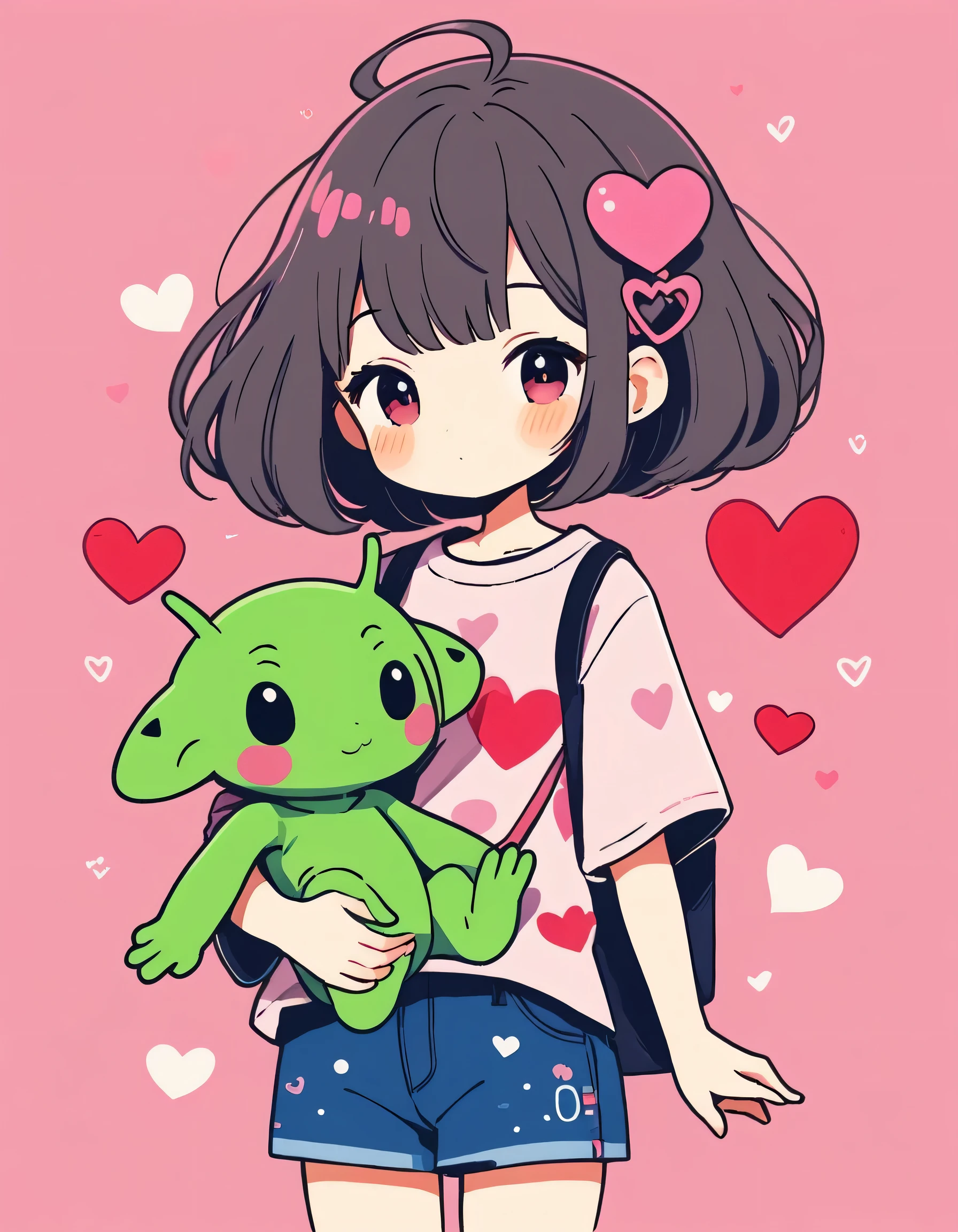 Momoko Sakura colorful style, Simple Line Initialism,Abstract art,Kawaii Design, The most beautiful girl of all time、chibi, (((Hug Cute humanoid alien)), (((Cute humanoid alien))), colorful hearts, Stylish summer t-shirts